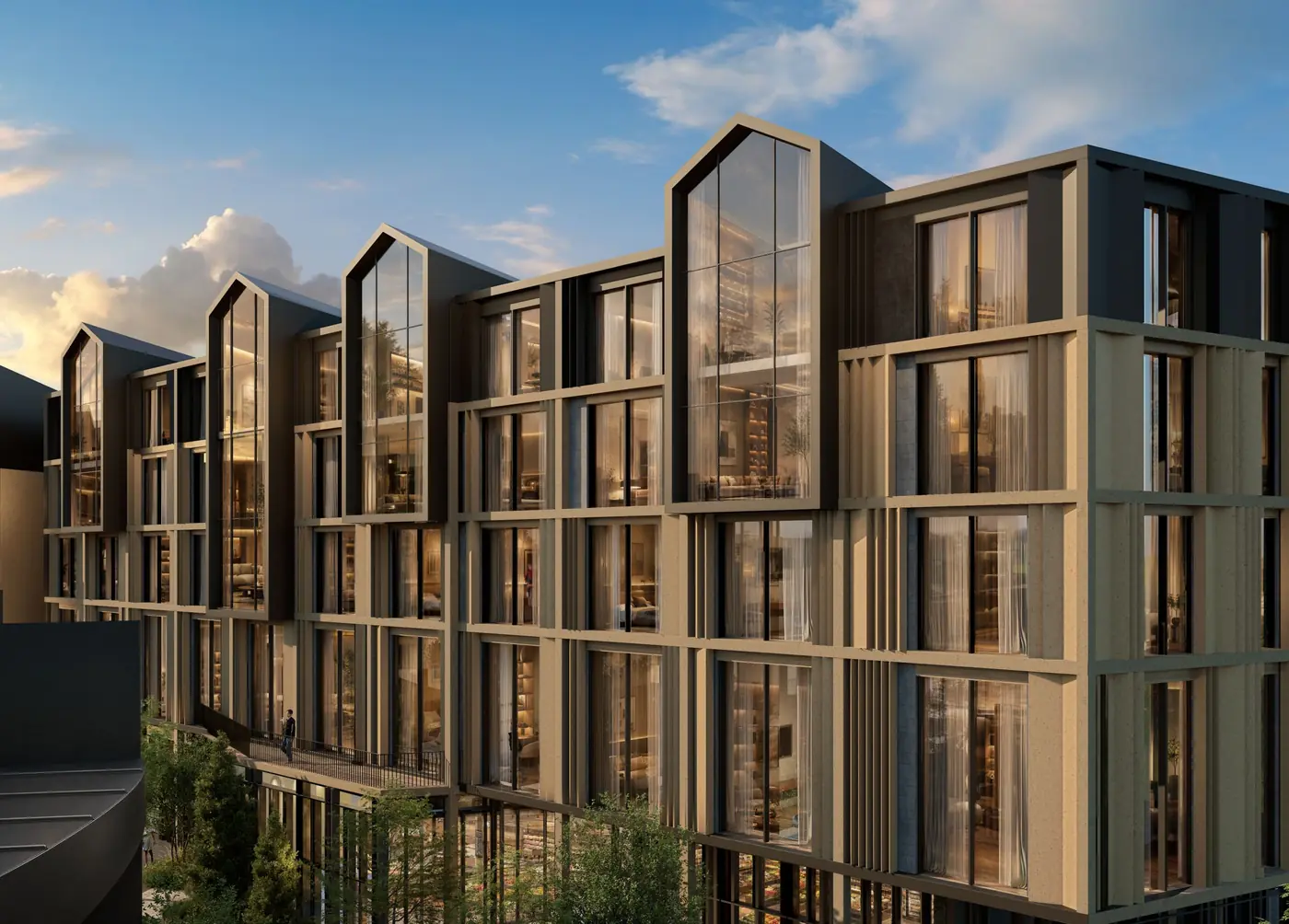 Rendering of Andaz Heber Valley's glass and timber facade at dusk